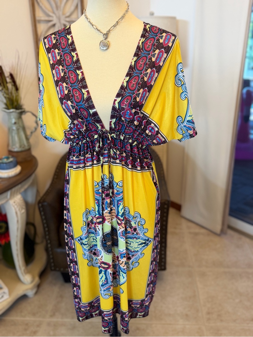 Boho Printed deep v mini dress/ coverup OS new
